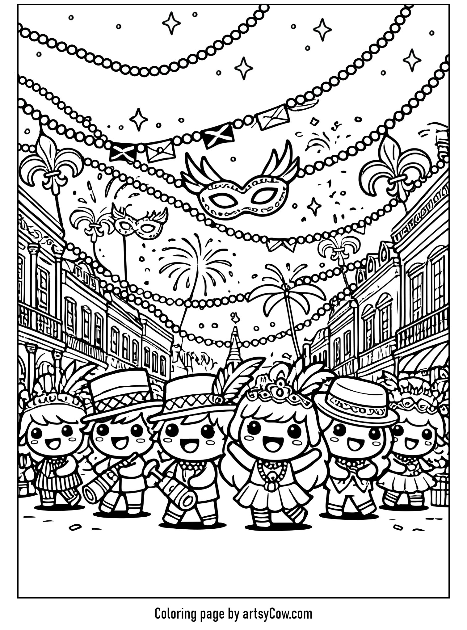 mardi gras coloring pages featuring a lively street scene with children dressed in festive costumes, colorful beads, masks, and decorations hanging above, capturing the vibrant atmosphere of a Mardi Gras parade.